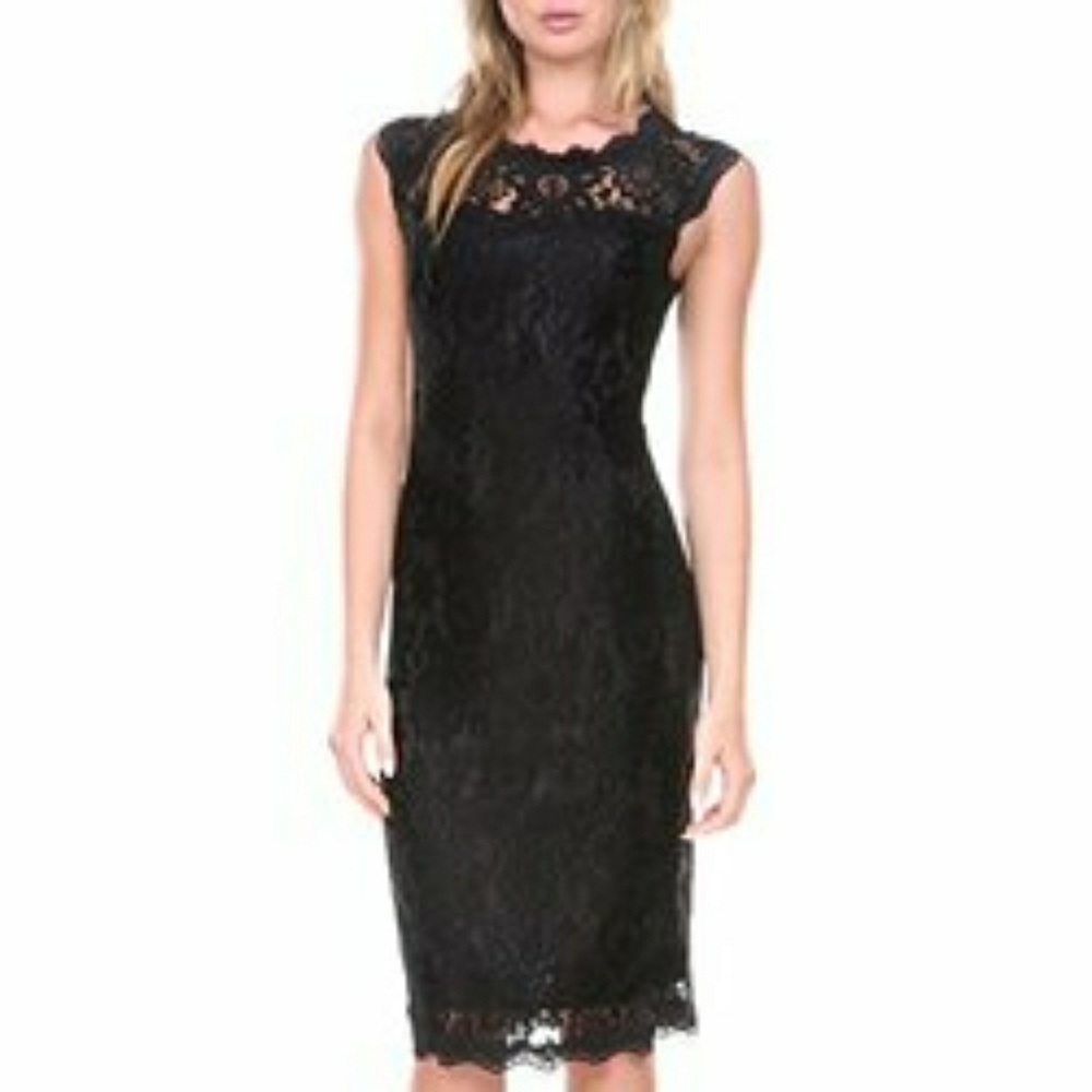 ⬇️ Gorgeous Black Lace Overlay High Neck Midi Dress